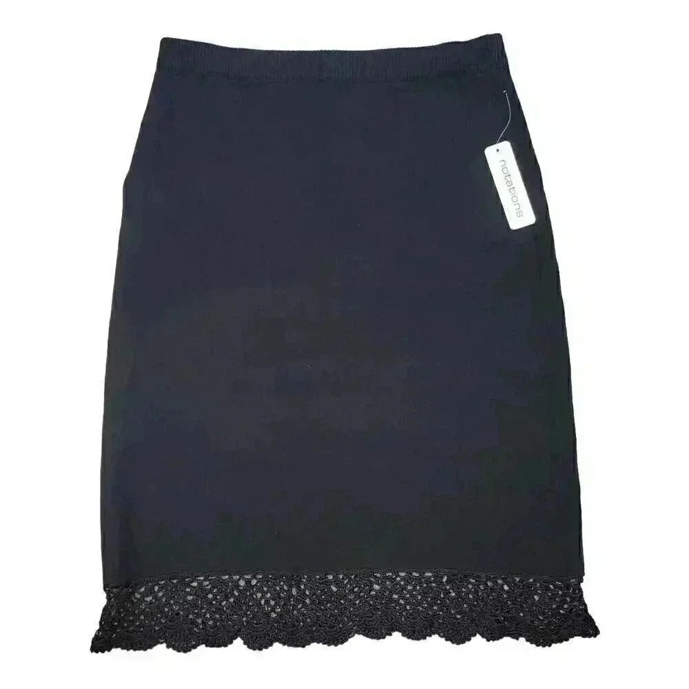Notations Women's Black Rayon/Nylon Knit Straight Skirt w Crocheted Lace & Brown